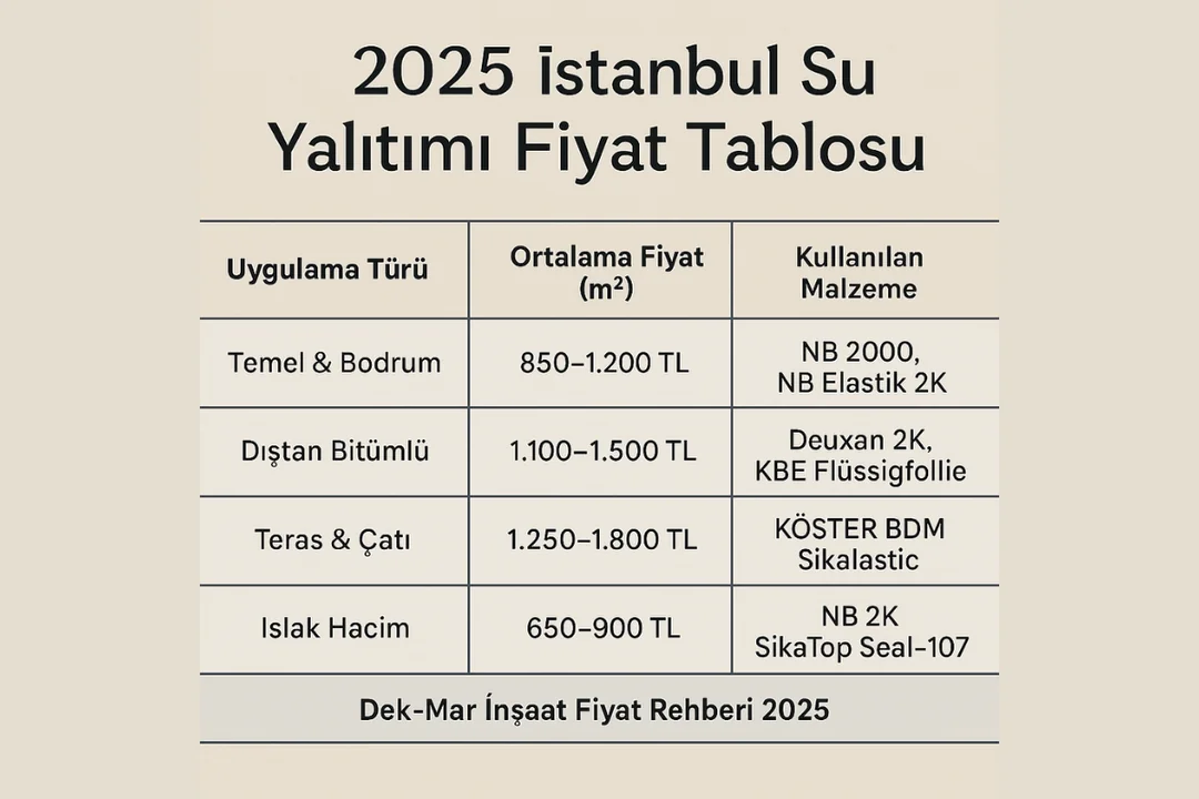 2025 su yalıtımı fiyat tablosu – İstanbul temel, çatı ve teras izolasyon m2 maliyetleri