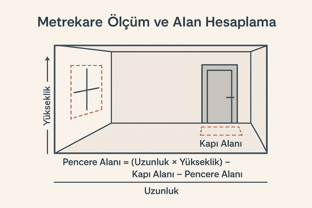 Kapı ve pencere alanları çıkarılarak net duvar ölçümünü gösteren yatay metrekare hesaplama diyagramı – 2025 