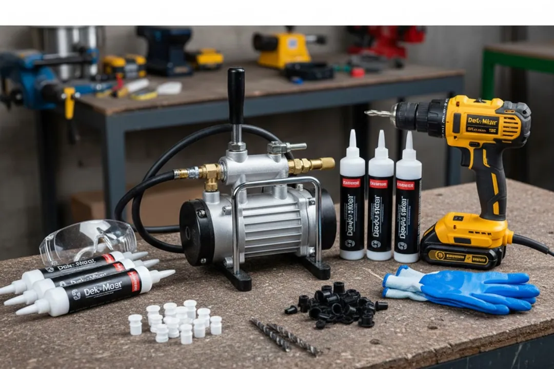 “Epoksi enjeksiyon uygulamasında kullanılan ekipmanlar – enjeksiyon pompası, paker, kartuş epoksi – Dek-Mar Enjeksiyon Ekipman Seti”