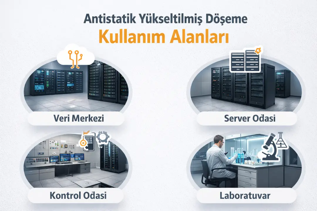 Antistatik yükseltilmiş döşeme kullanım alanları veri merkezi server odası