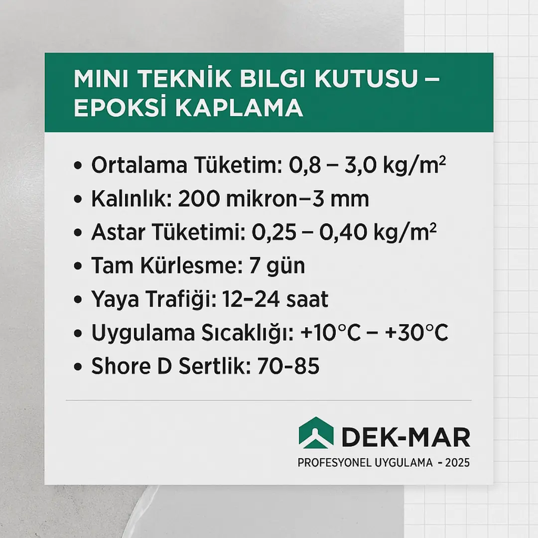 “Epoksi kaplama teknik değerleri – tüketim, kalınlık, kürleşme süresi ve uygulama sıcaklığı – Dek-Mar Teknik 2025”