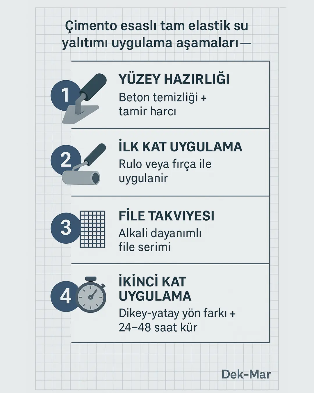 Çimento esaslı tam elastik su yalıtımı uygulama aşamaları infografik – yüzey hazırlığı, ilk kat, file, ikinci kat – Dek-Mar