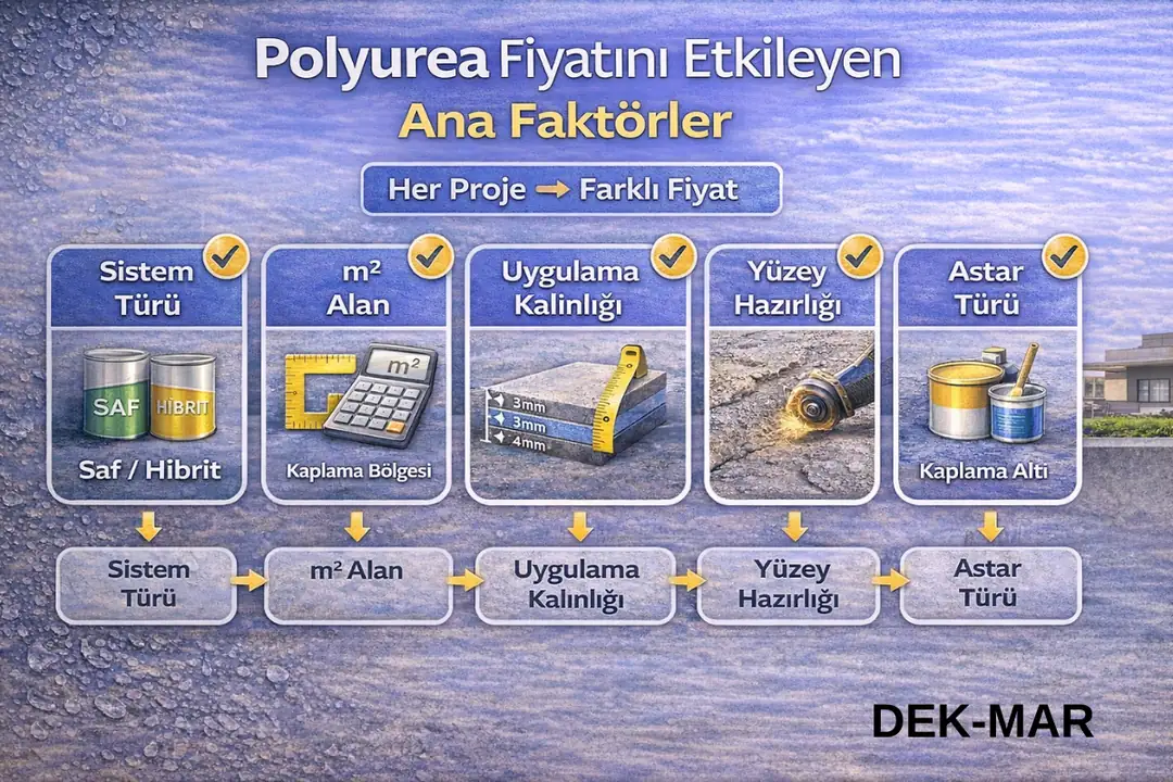 Polyurea fiyatını etkileyen ana faktörler, sistem türü, alan ve kalınlık detayları.&nbsp;