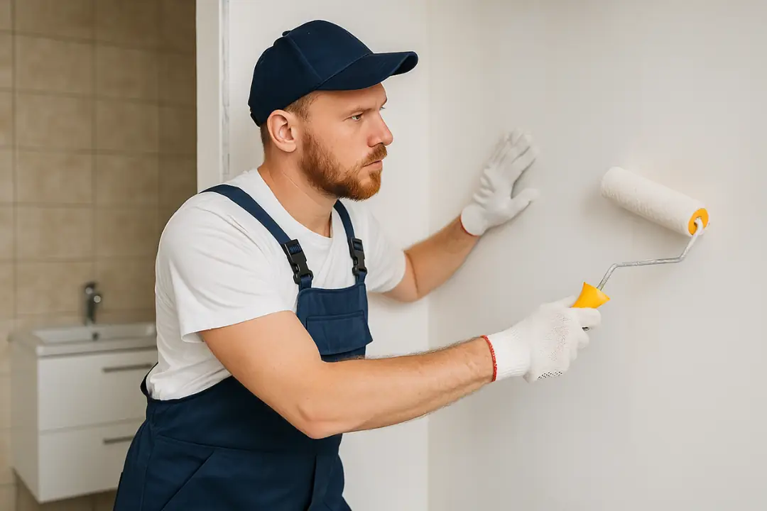 Profesyonel tadilat ustası ev içinde boya ve yenileme çalışması yapıyor.&nbsp;