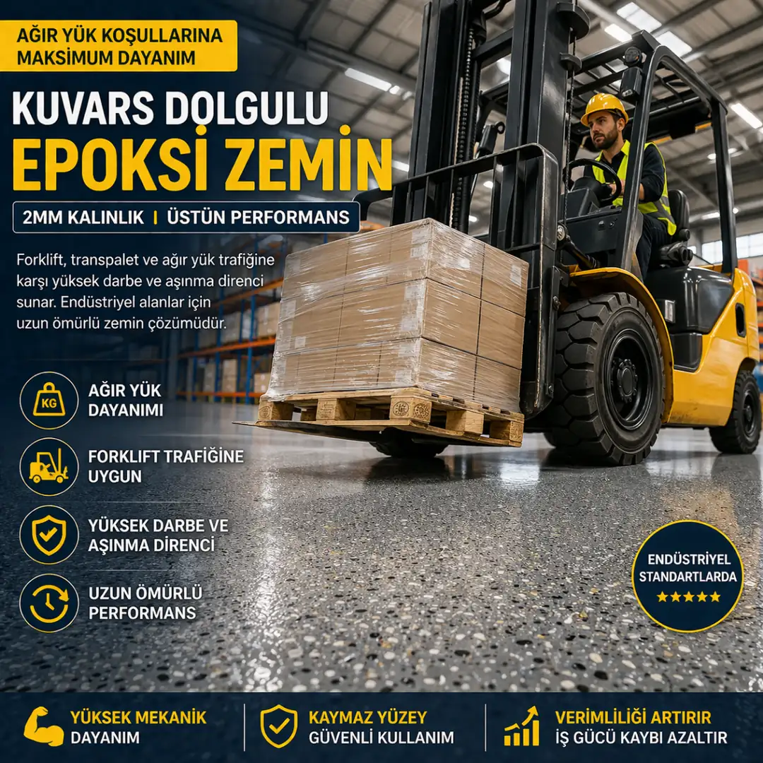 Kuvars dolgulu epoksi zemin kaplama ağır yük forklift dayanım performansı&nbsp;