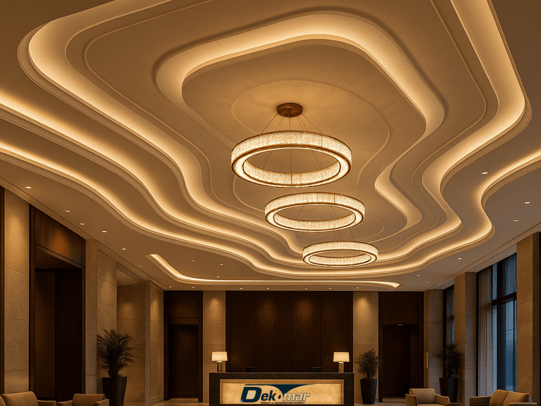 Otel Lobi Asma Tavan Modelleri içinde öne çıkan bu alçıpan uygulama, ışık oyunlarıyla modern ve sade bir atmosfer sağlar. 