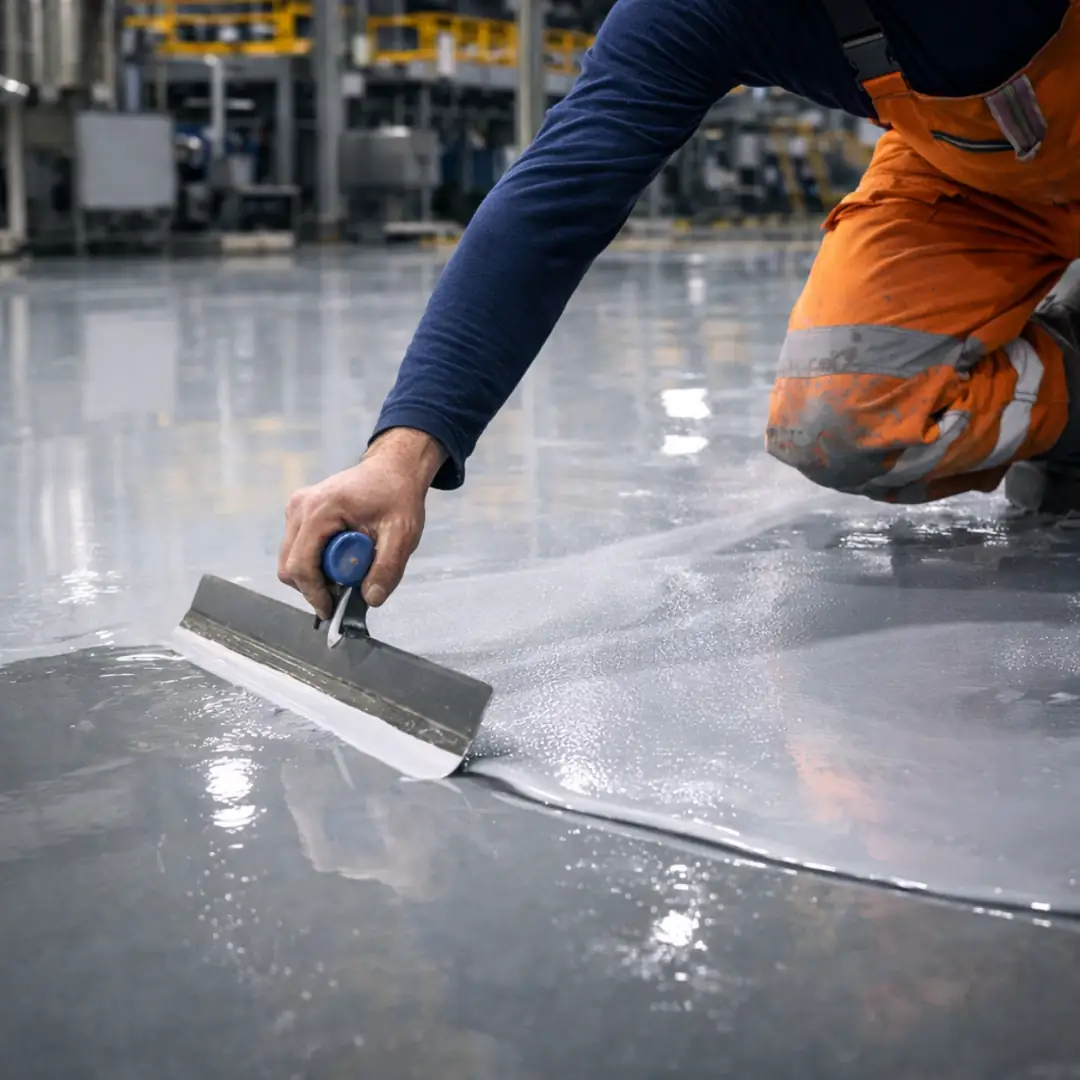 Fabrika epoksi zemin kaplama uygulaması self leveling endüstriyel zemin sistemi üretim tesisi beton zemin kaplama