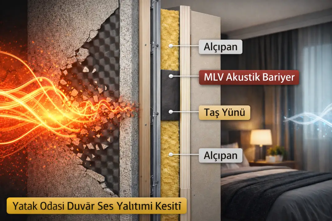 Yatak odası duvar ses yalıtımı kesiti – taş yünü ve alçıpan sistem&nbsp;