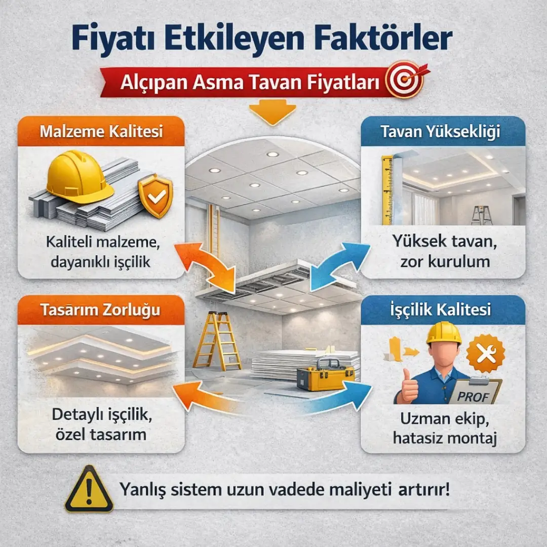 İzmir alçıpan asma tavan fiyatlarını etkileyen faktörler malzeme kalite işçilik tasarım ve tavan yüksekliği&nbsp;