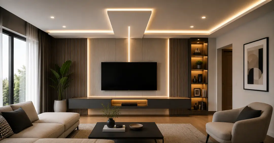 TV ünitesi ile bütünleşen lineer LED aydınlatmalı modern alçıpan asma tavan modeli&nbsp;