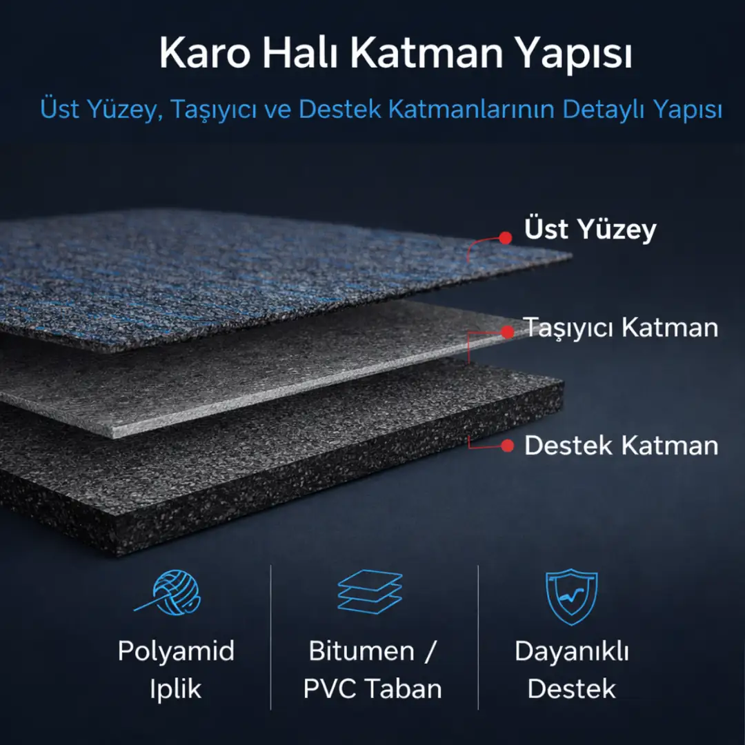 Karo halı katman yapısı üst yüzey, taşıyıcı taban ve alt destek katmanlarından oluşarak dayanıklılığı artırır&nbsp;