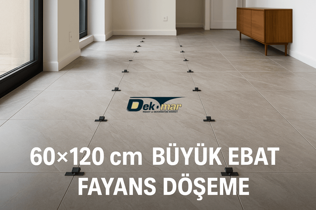 60×120 cm büyük ebat fayans döşeme uygulaması – modern salon/korridor görünümü. 