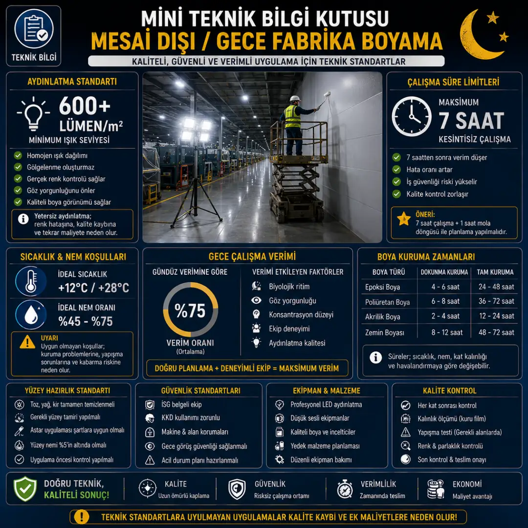 Mesai dışı gece fabrika boyama teknik standartları aydınlatma ve çalışma limitleri&nbsp;