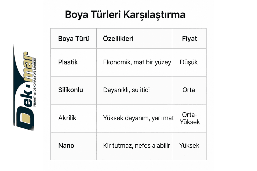 plastik, silikonlu, akrilik ve nano boya türlerinin özellik ve fiyat karşılaştırma tablosu – İstanbul 2025. 