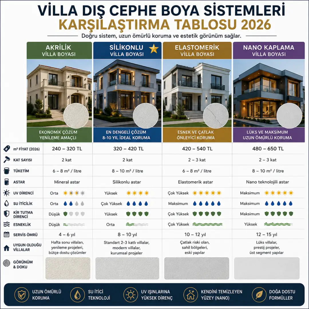 Villa dış cephe boya sistemleri karşılaştırması silikonlu elastomerik nano kaplama görünüm farkları&nbsp;