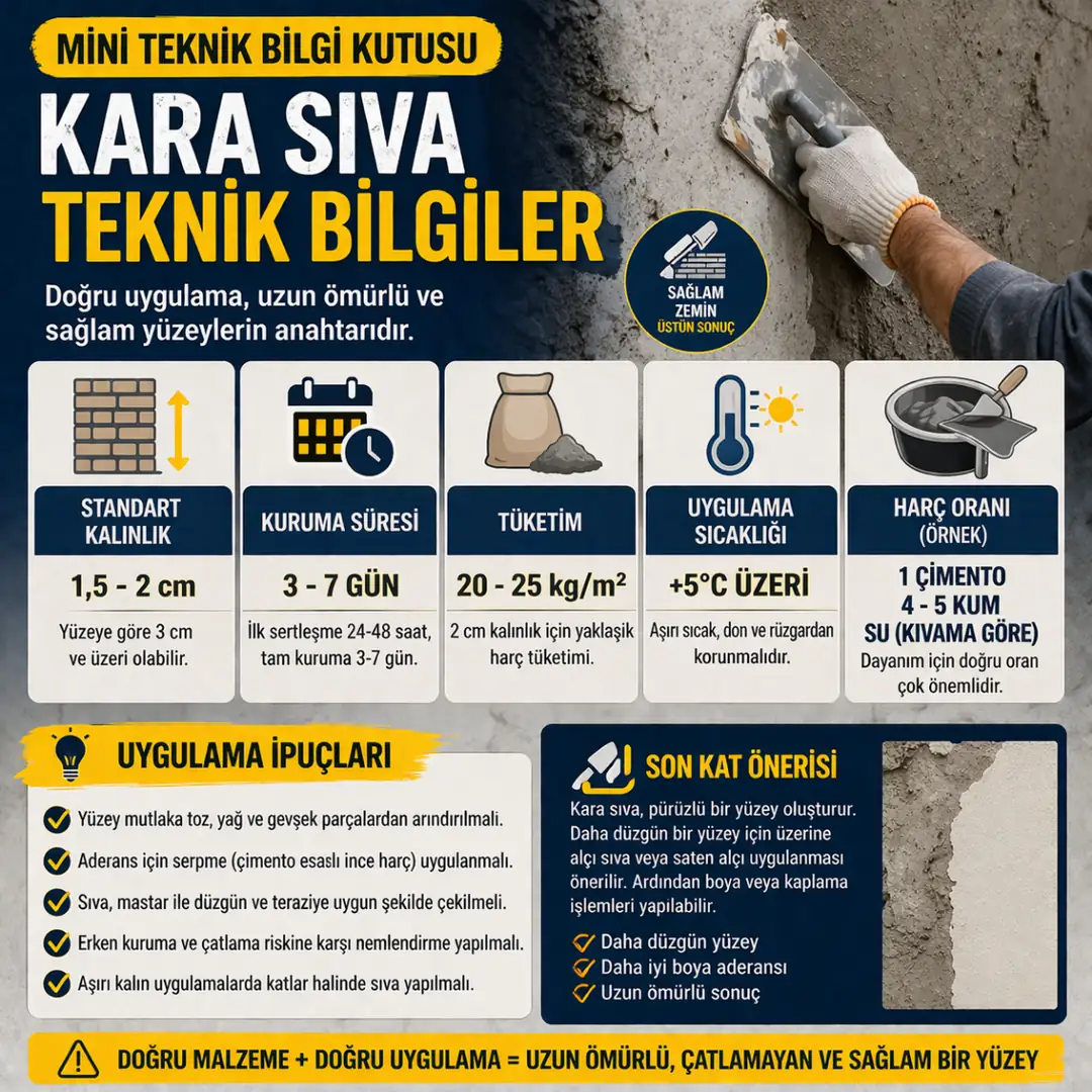 Kara sıva teknik bilgileri 2026 standart kalınlık kuruma süresi malzeme tüketimi ve doğru uygulama detaylarını gösteren infografik&nbsp;