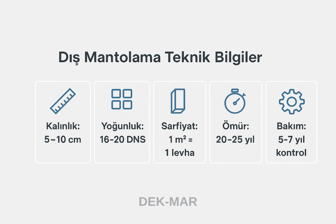 Dış mantolama teknik bilgiler: levha kalınlığı, yoğunluk, sarfiyat ve ömür. 