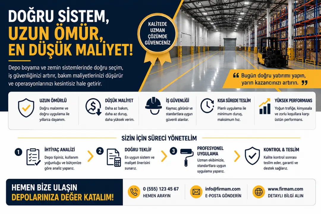 Depo boyama dönüşüm görseli epoksi zemin uygulaması lojistik depo yenileme ve profesyonel sistem çözümleri
