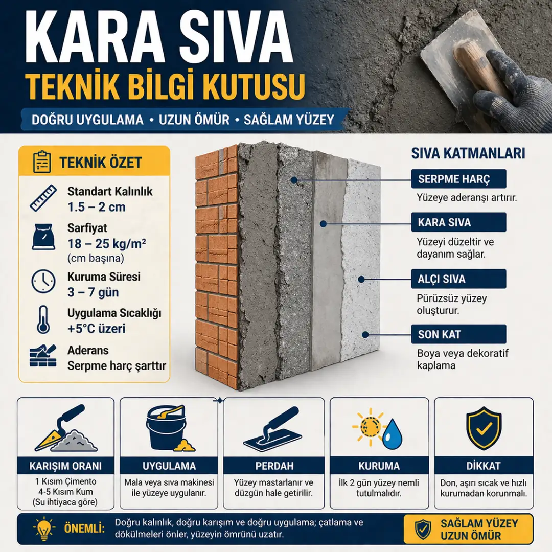 Kara sıva kalınlığı, sarfiyat ve kuruma süresini gösteren teknik bilgi infografiği