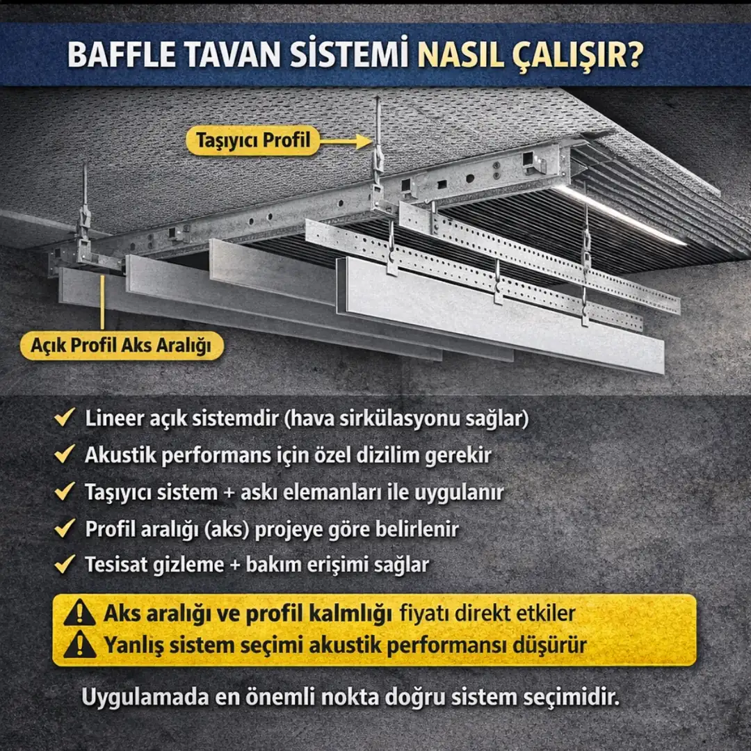 Baffle tavan sistem detayları aks aralığı taşıyıcı sistem ve akustik performans teknik bilgisi