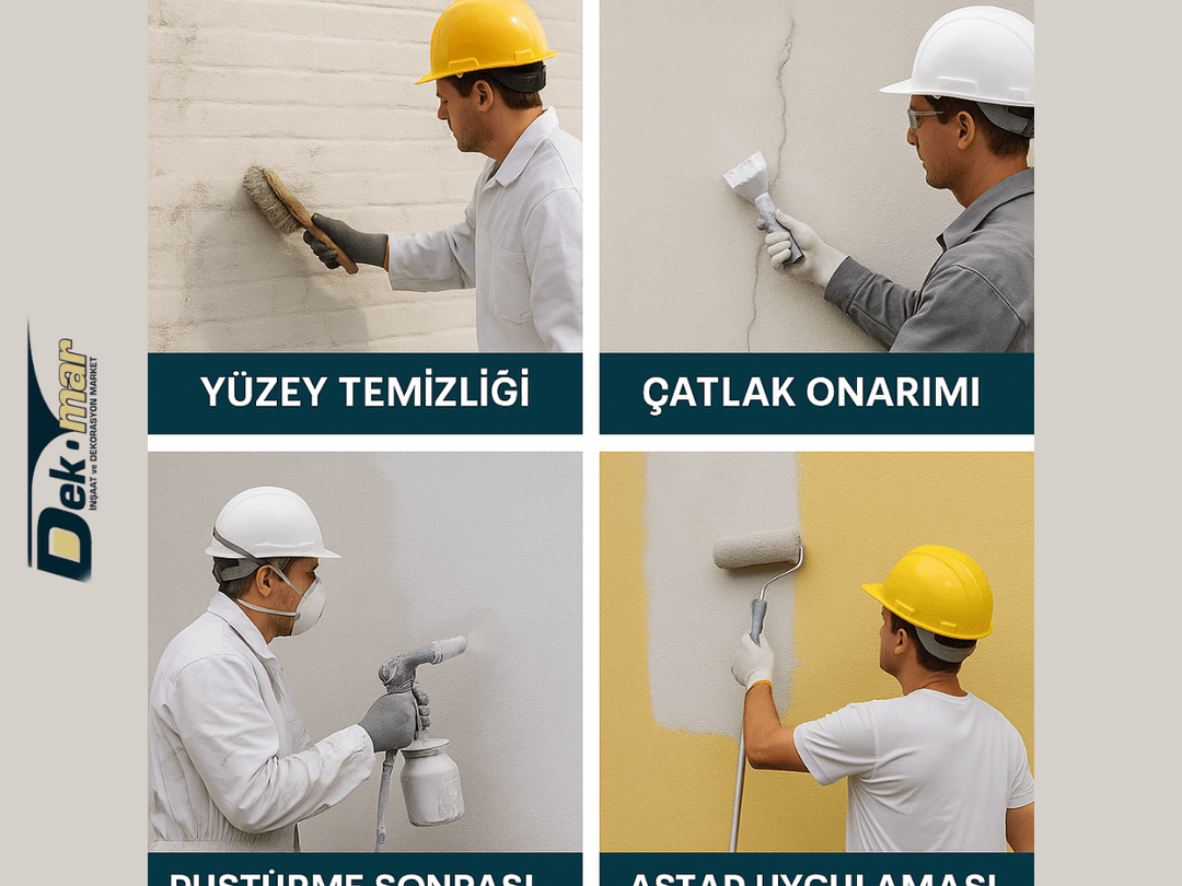 Profesyonel ustalar tarafından dış cephede rulo ve püskürtme yöntemiyle boya uygulaması yapılması. 