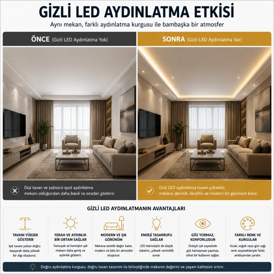 Gizli LED aydınlatmanın mekana kattığı ferahlık etkisi&nbsp;