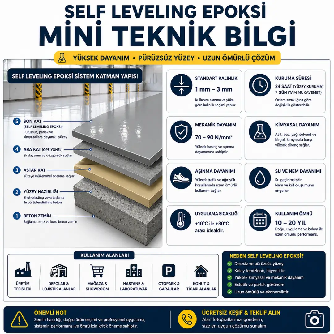 Self leveling epoksi zemin teknik özellikleri kalınlık kuruma süresi dayanım ve ömür bilgisi