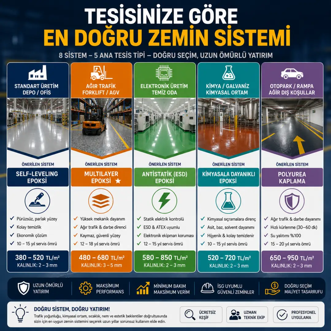 Fabrika zemin sistemi seçimi sektörlere göre epoksi poliüretan ve polyurea karşılaştırması&nbsp;