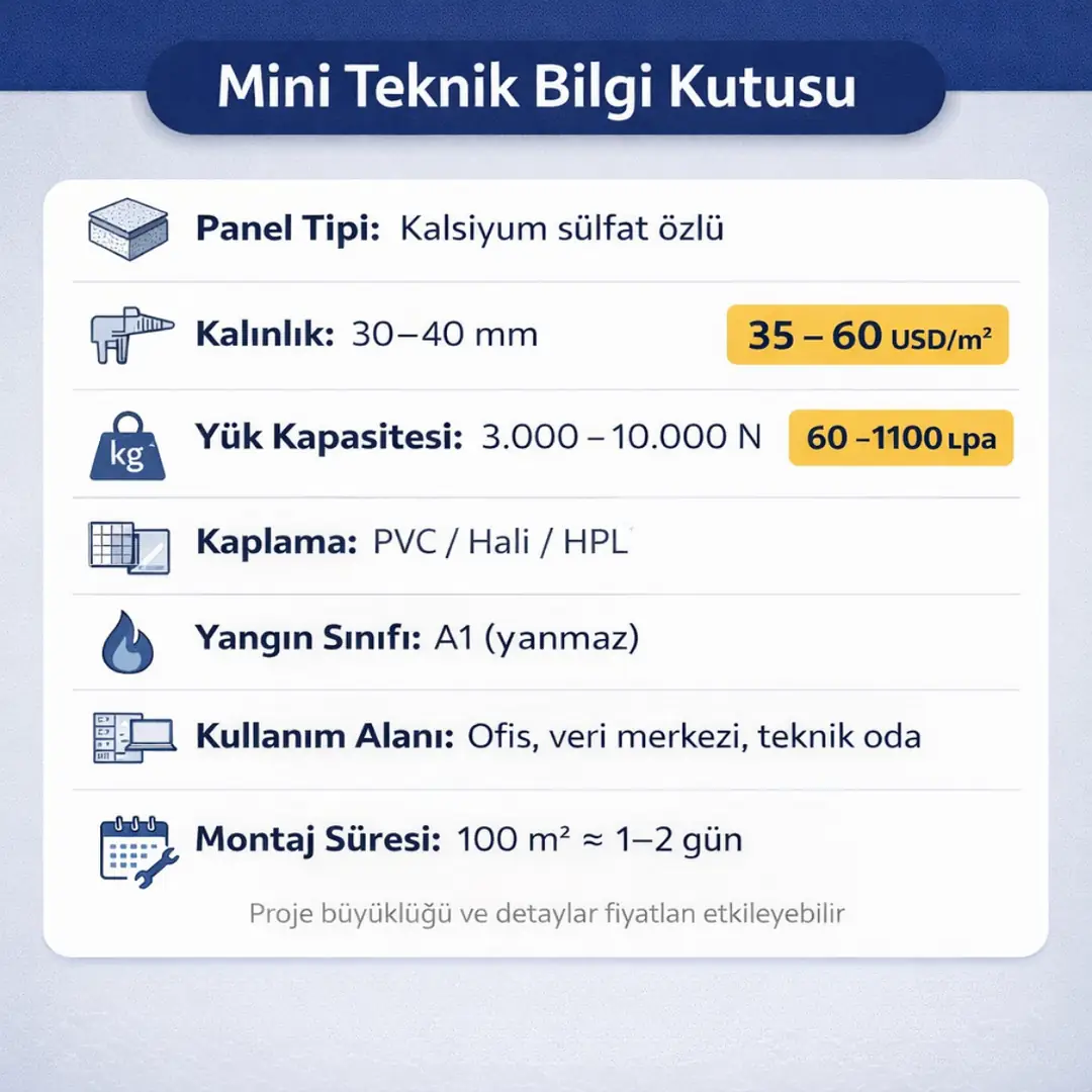 Kalsiyum sülfat özlü yükseltilmiş döşeme teknik özellikleri panel kalınlığı yük kapasitesi ve kullanım alanları 2026