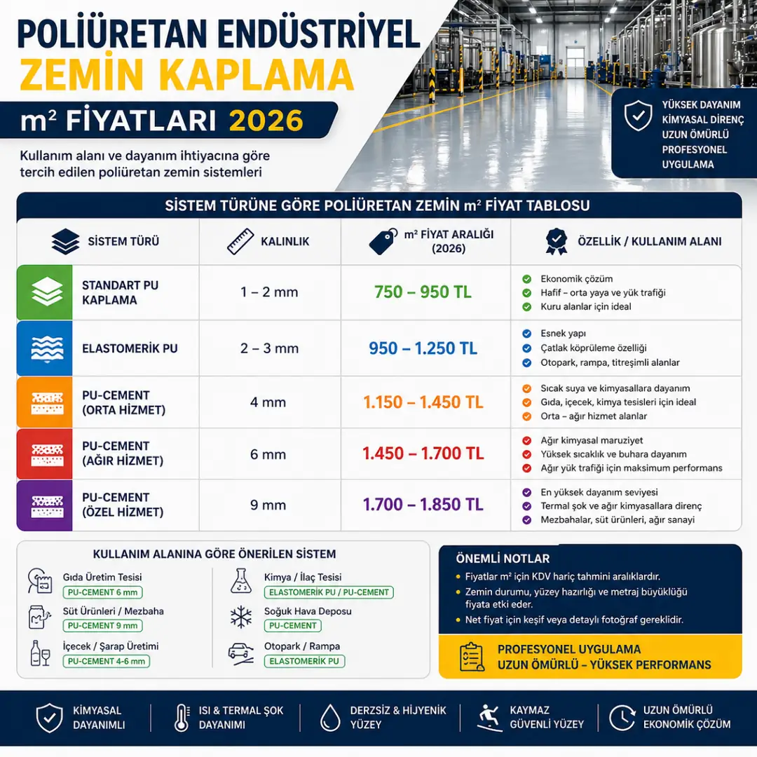 Poliüretan zemin m2 fiyatları 2026 PU ve PU Cement sistem fiyat tablosu&nbsp;