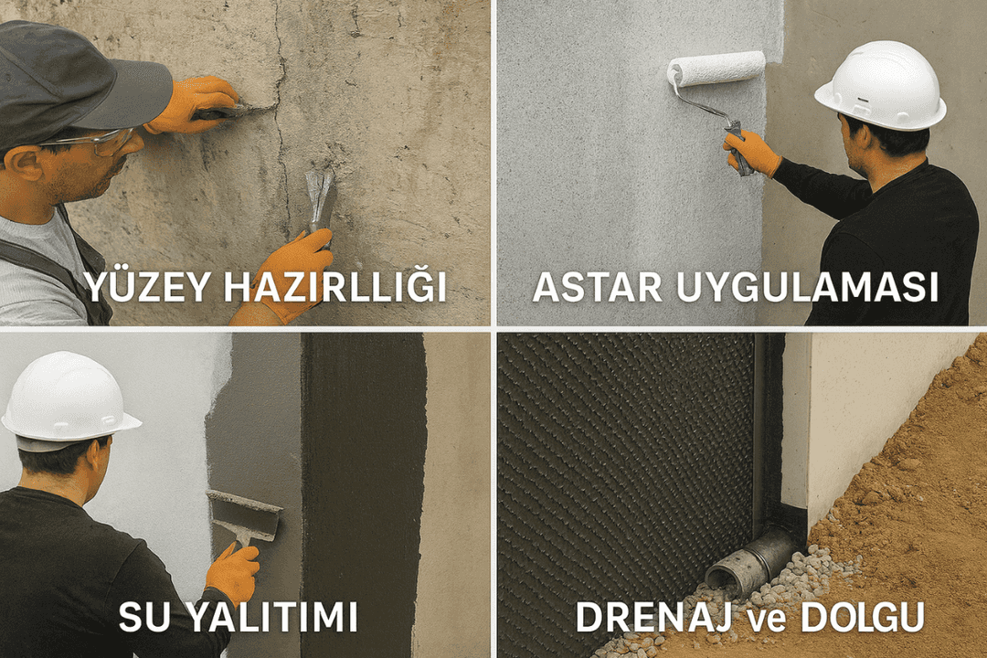 Perde beton yalıtımı uygulama aşamaları – yüzey hazırlığı, astar, yalıtım ve drenaj uygulaması.