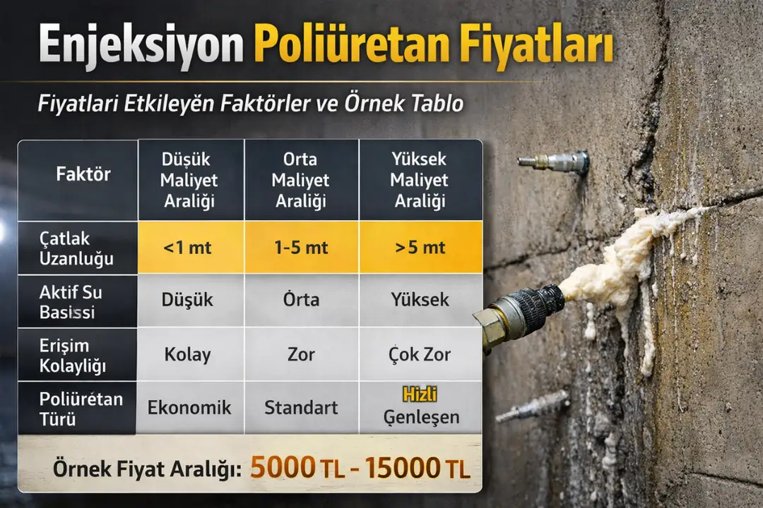Enjeksiyon poliüretan fiyat tablosu – çatlak uzunluğu, su basıncı ve poliüretan türüne göre örnek maliyet aralıklarını gösteren görsel&nbsp;