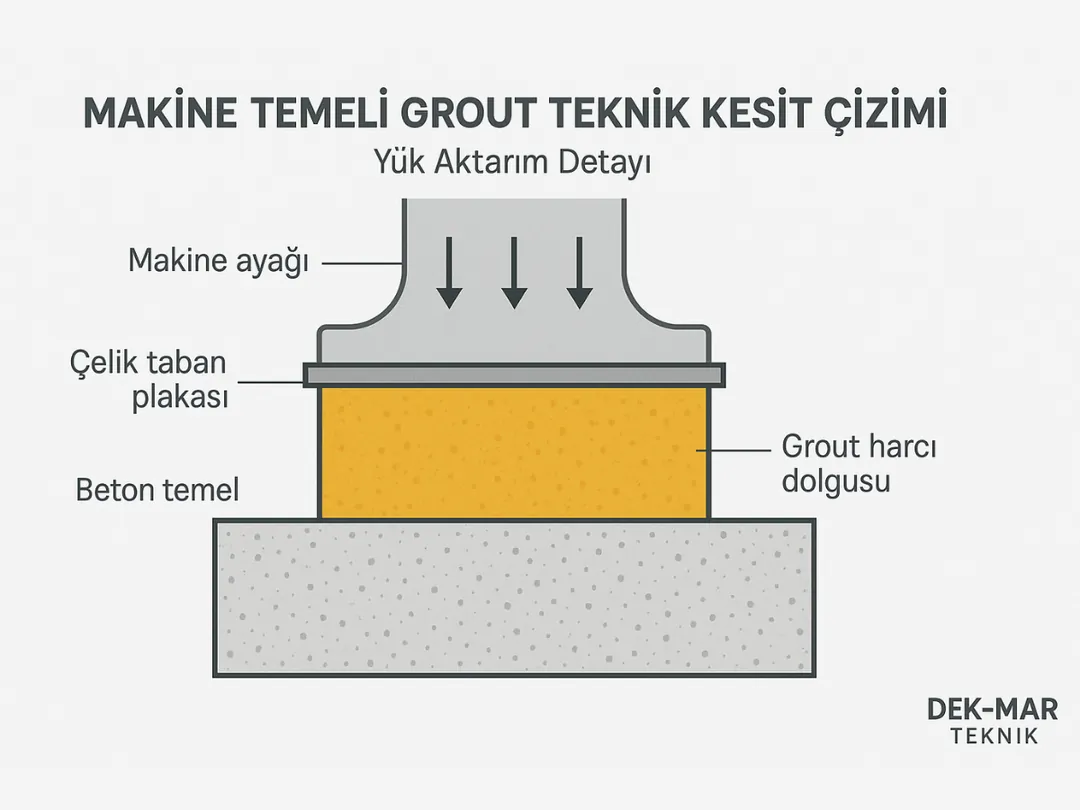 Makine temeli grout teknik kesit çizimi – yük aktarım detayı – Dek-Mar Teknik