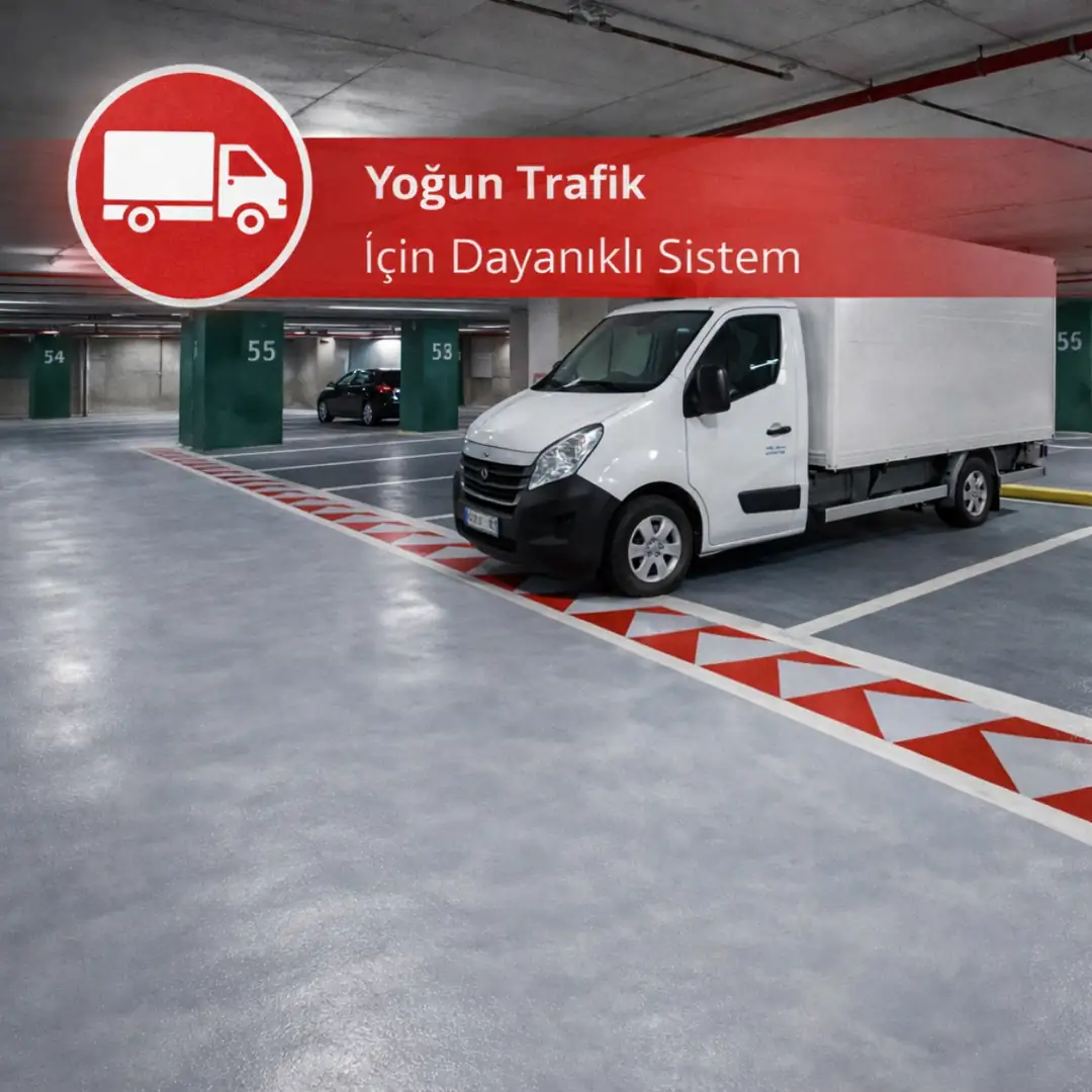 Mapefloor Parking System RHT ile uygulanmış yoğun trafikli kapalı otopark epoksi zemin kaplama