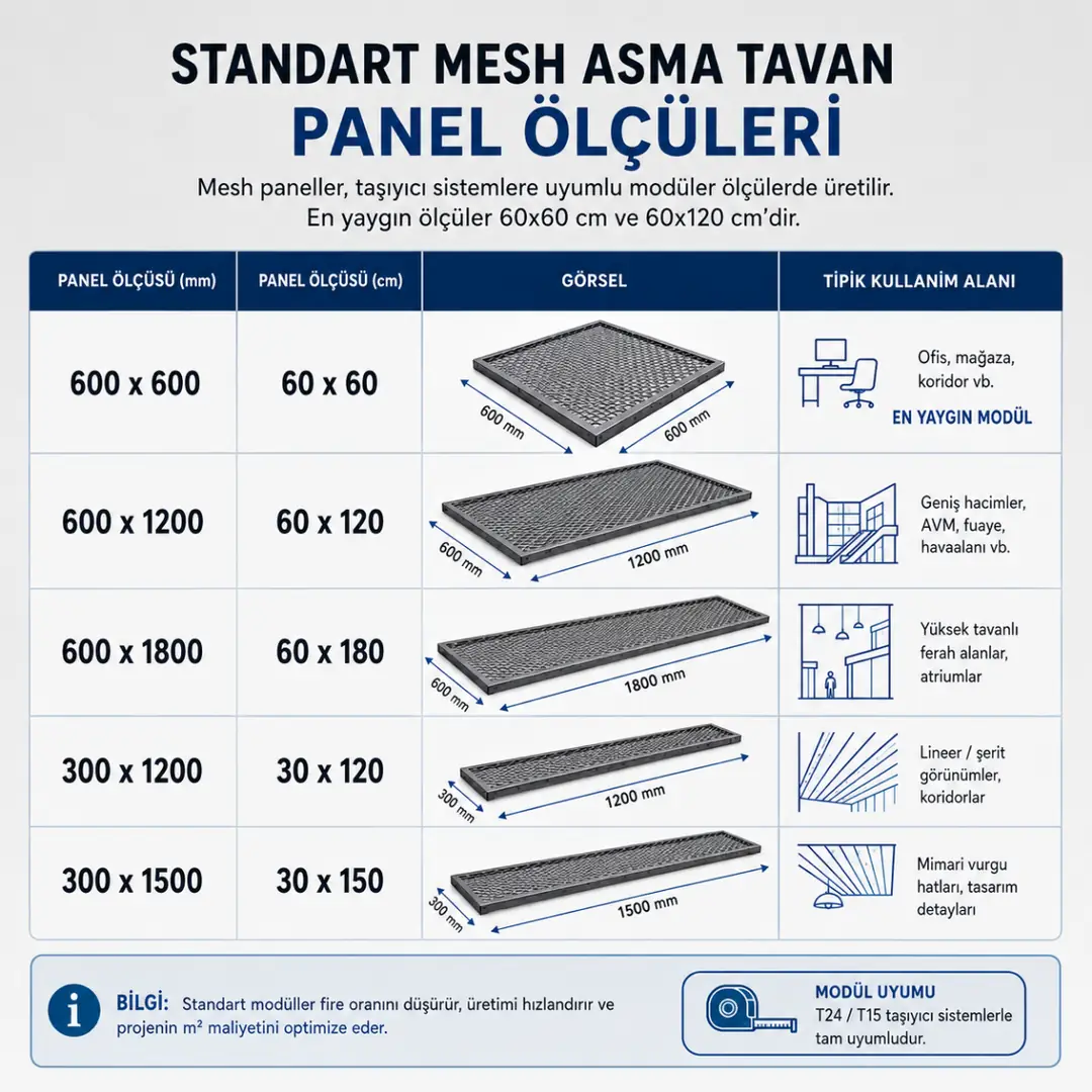 Mesh asma tavan standart panel ölçüleri karşılaştırma tablosu&nbsp;