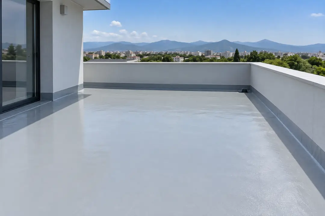 Teras çatısında tamamlanmış poliüretan esaslı su yalıtımı kaplaması ve parapet birleşim detayları.