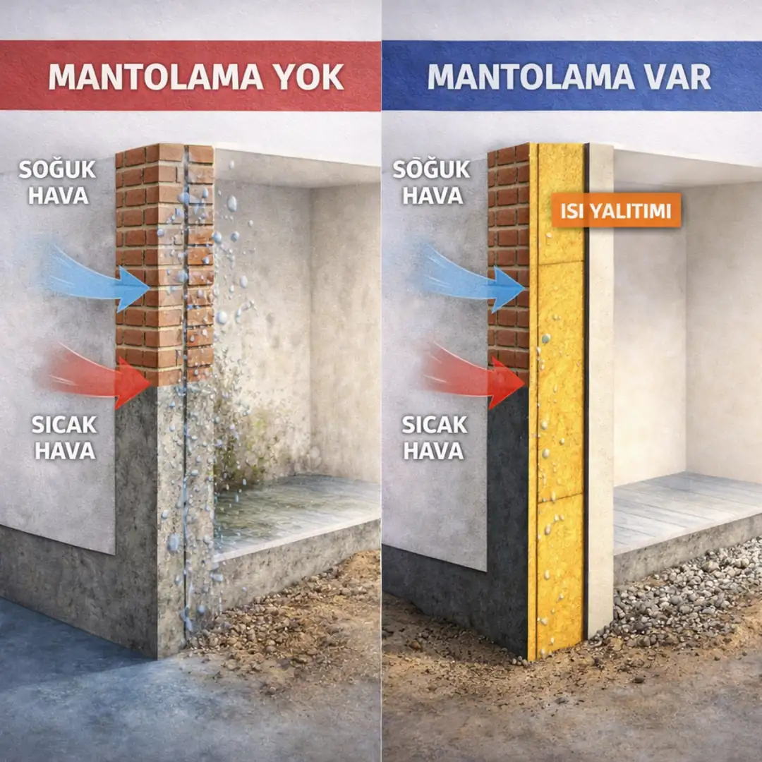Mantolama uygulaması ile yoğuşma ve rutubet oluşumunun önlenmesi dış cephe ısı yalıtım etkisi&nbsp;
