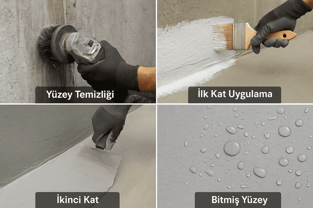 Köster NB Sistem uygulama aşamaları: yüzey hazırlığı, ilk kat, ikinci kat ve bitmiş yalıtım yüzeyi. 