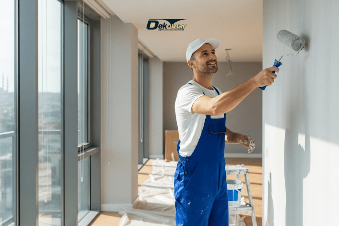 İstanbul manzaralı modern bir 3+1 dairede, profesyonel bir boyacının rulo fırça ile duvarı beyaza boyadığı anın fotoğrafı. 