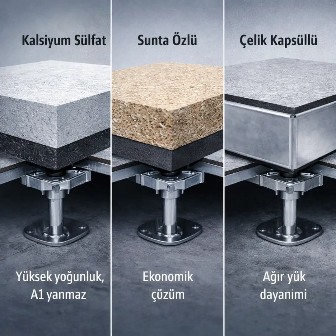 Kalsiyum sülfat, sunta özlü ve çelik kapsüllü yükseltilmiş döşeme panel türlerinin teknik karşılaştırması&nbsp;