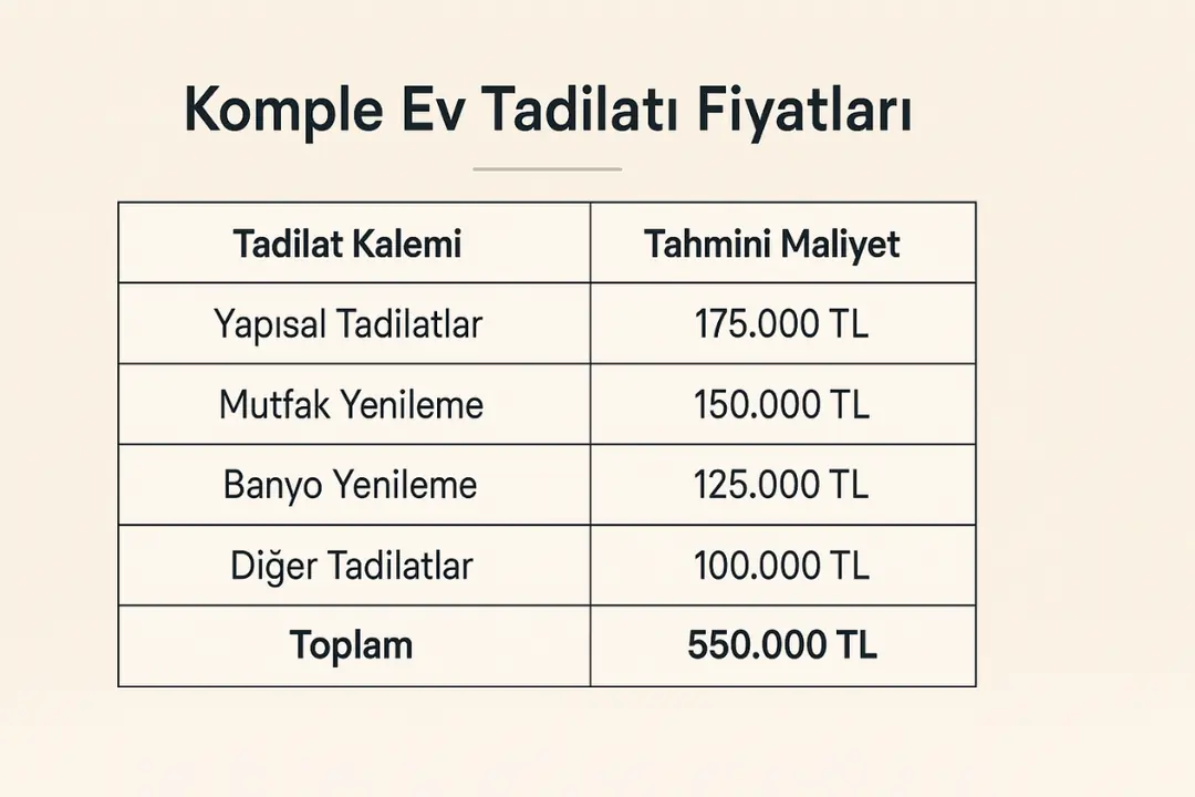 2025 komple ev tadilatı toplam maliyet aralığı – 320 bin TL’den 900 bin TL’ye.&nbsp;