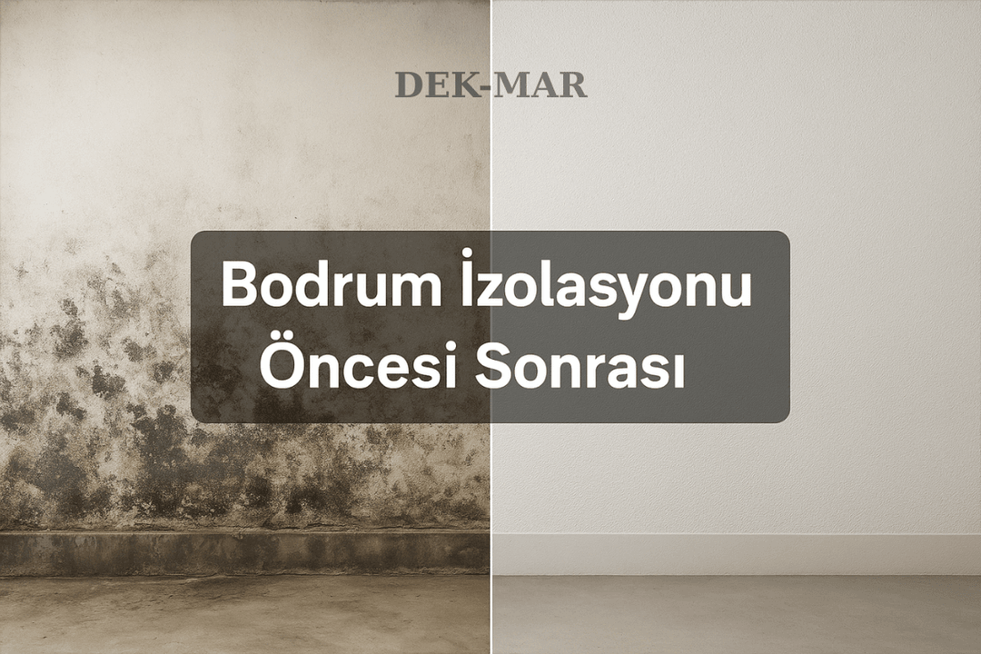 Bodrum izolasyonu öncesi sonrası – rutubetli küflü duvar ve izolasyon sonrası kuru yüzey.