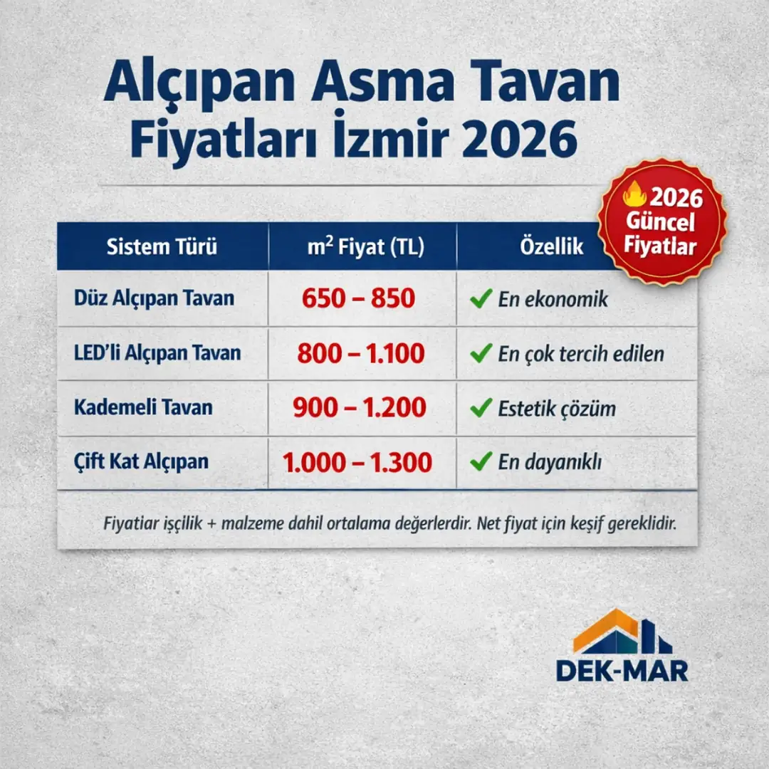 İzmir alçıpan asma tavan fiyatları 2026 m2 maliyet tablosu ve sistem karşılaştırması&nbsp;