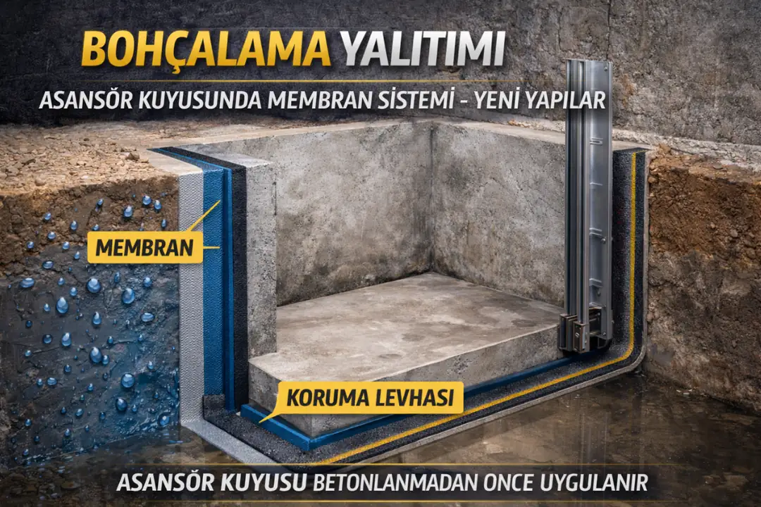 Asansör kuyusu bohçalama membran sistemi kesit detayı