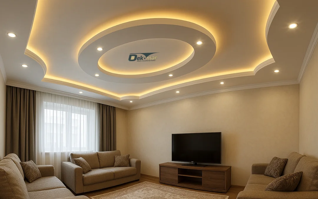 Salon için modern alçıpan asma tavan modeli, LED ışıklarla aydınlatılmış, estetik ve şık tavan tasarımı.