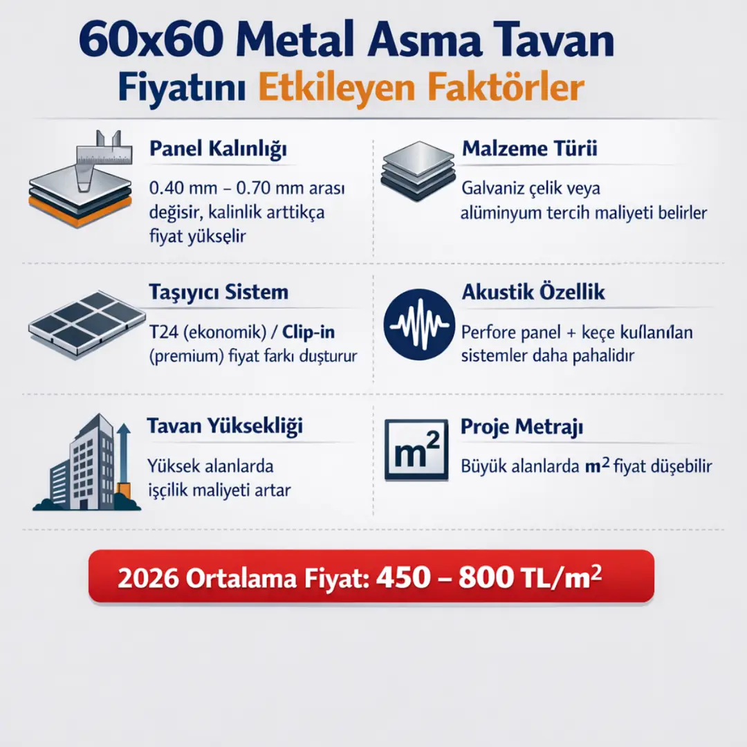 60x60 metal asma tavan fiyatını etkileyen faktörler panel kalınlığı taşıyıcı sistem akustik özellik ve işçilik maliyetleri