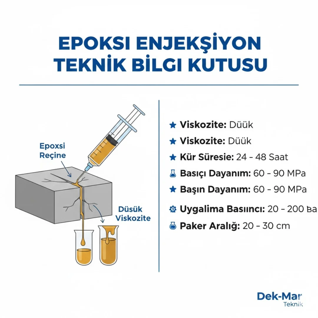 Epoksi enjeksiyon teknik bilgi kutusu – viskozite, kür süresi, basınç dayanımı ve paker aralıkları – Dek-Mar Teknik 2025 