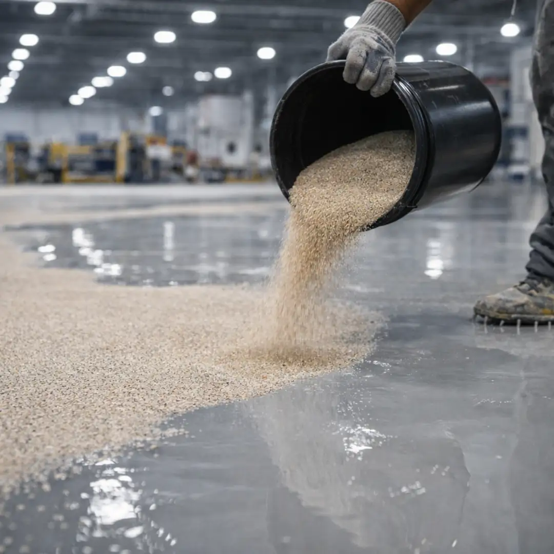 Multilayer epoksi sistemde kuvars kum serpme uygulaması&nbsp;