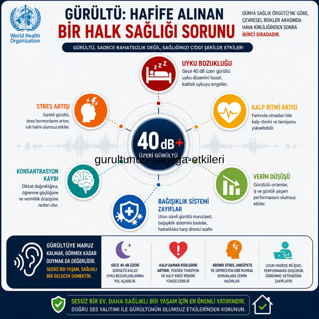 Gürültünün insan sağlığı üzerindeki olumsuz etkileri ve ses yalıtımının önemi infografiği.&nbsp;