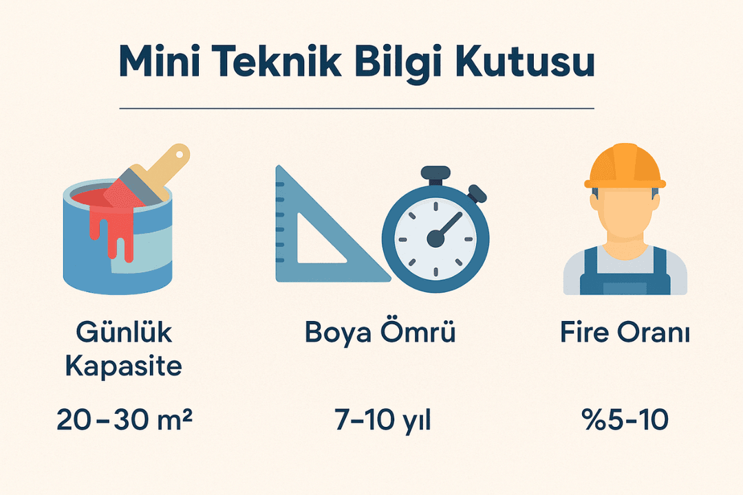 Badana boyacı teknik bilgiler – günlük kapasite, boya ömrü, kat sayısı, fire oranı. 
